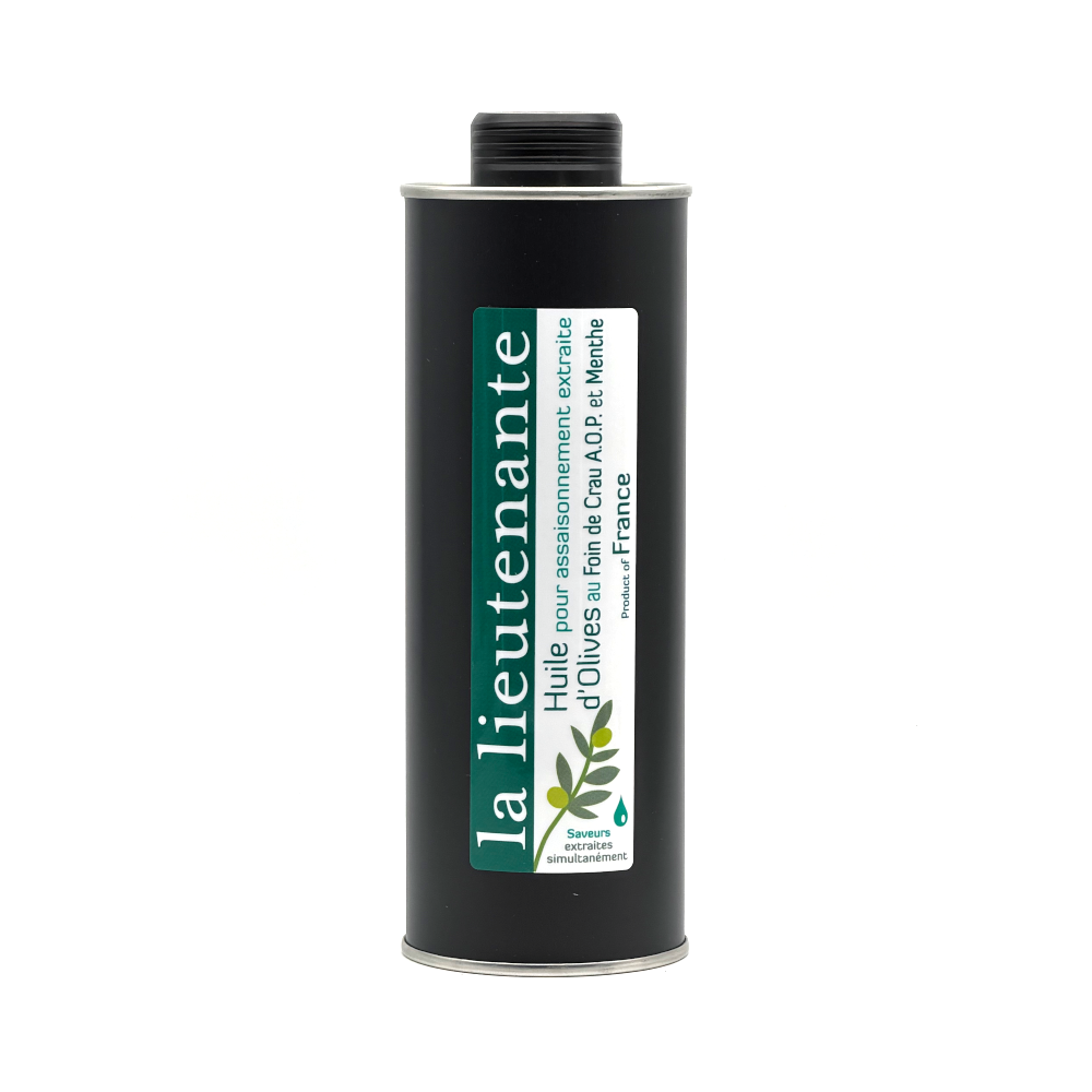 La Lieutenante - Huile pour assaisonnement extraite d'olives - Foin de Crau A.O.P. et Menthe